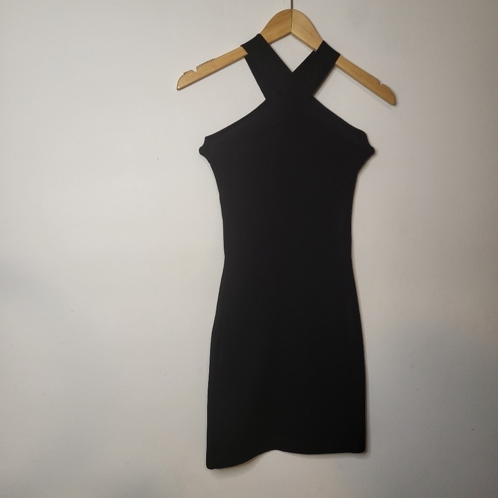 Aritzia Babaton Stretch Knit Sculpt Slim Criss Cross Mini Dress Black Size XS - Picture 3 of 9
